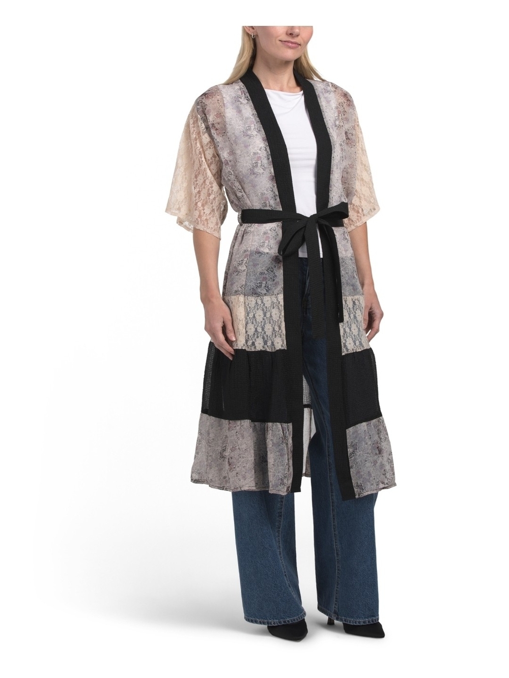 🖤▪️Steve Madden▪️black Sheer Lace Panel Kimono Robe